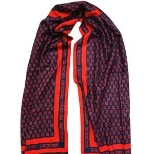 GUCCI Luxury Vintage Monogram Blue & Red Silk Shawl Wrap Scarf